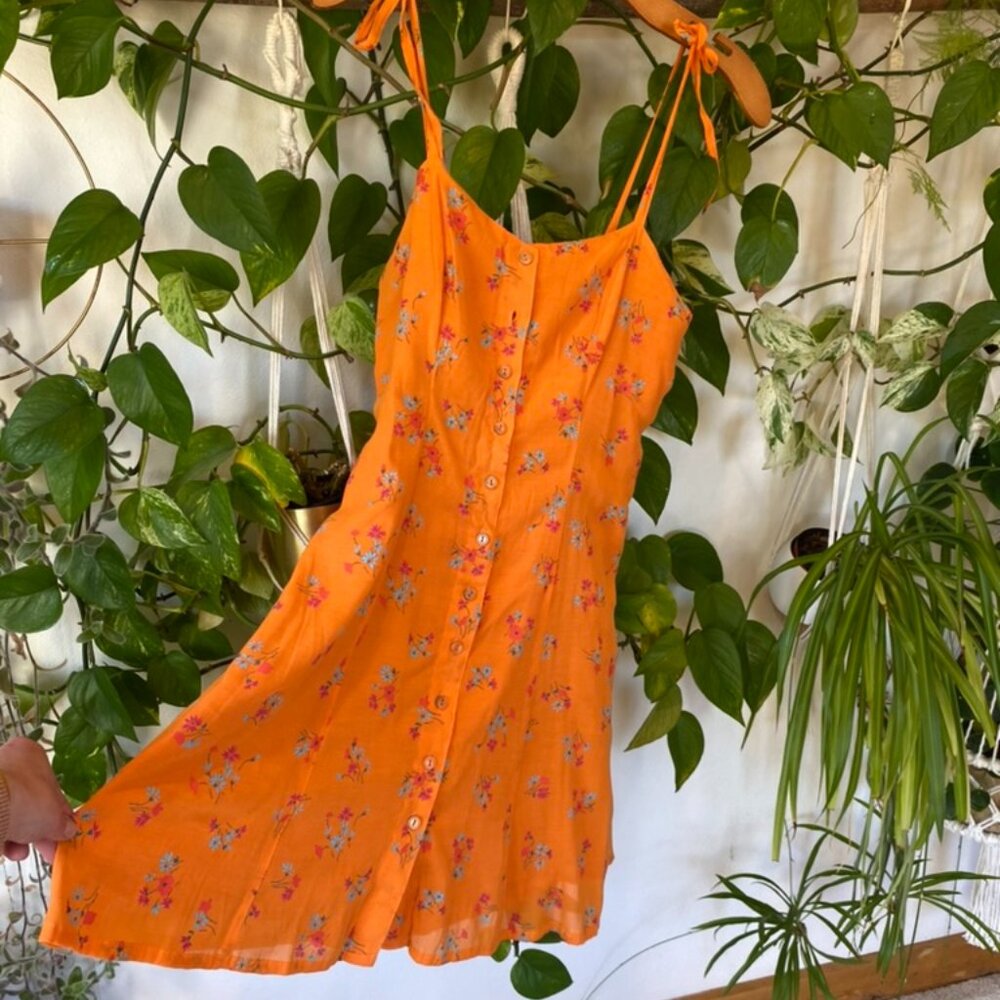 90's Mini Floral Cotton Dress Button Up Front & spaghetti straps vintage/retro